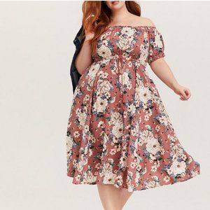 Torrid Midi Challis Rose Floral Off-Shoulder Dress size 1